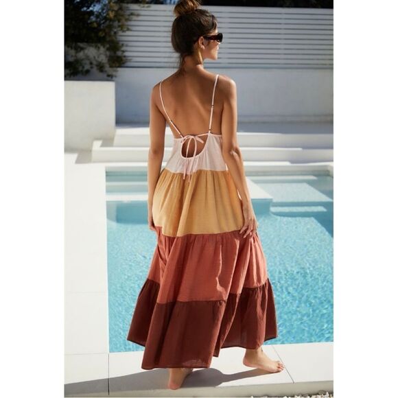 NEW Anthropologie The Raya Colorblock Tiered Tie Deep V-Neck Maxi Dress X-Large - Picture 4 of 8